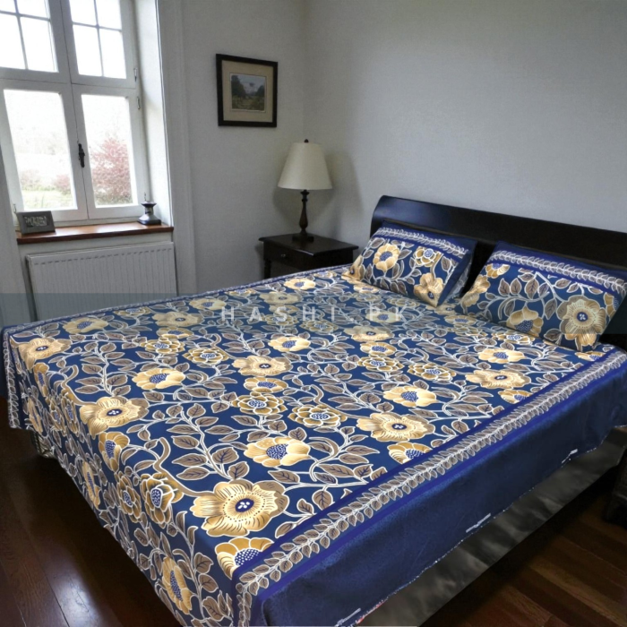 Blue Cotton Satin Printed King Size Bedsheet - Hashi.pk
