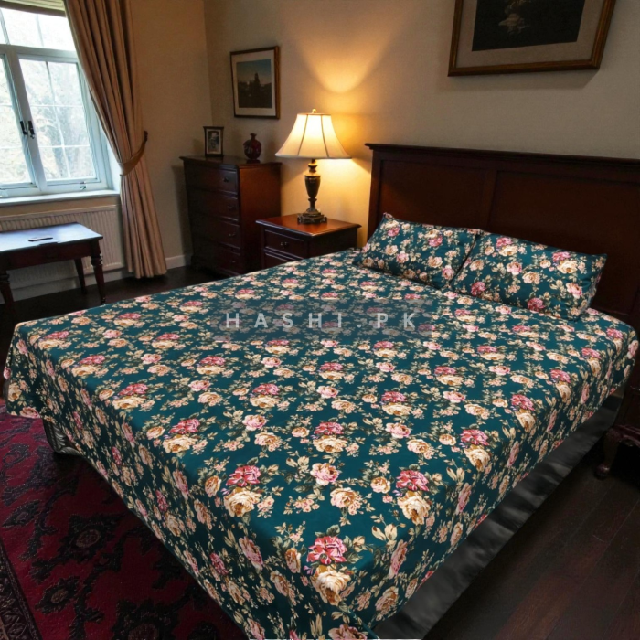 Green Cotton Satin Printed Bedsheet - Hashi.pk