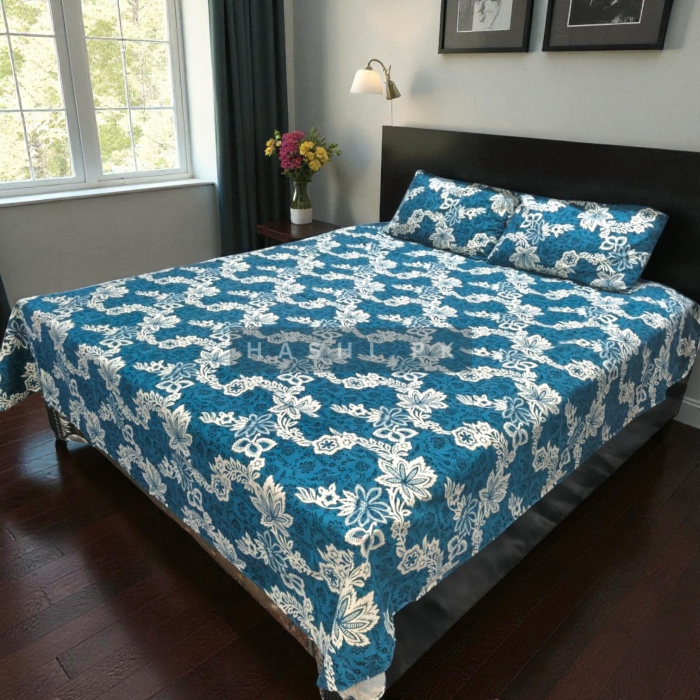 Light Blue Cotton Satin Printed Bed Sheet - Hashi.pk