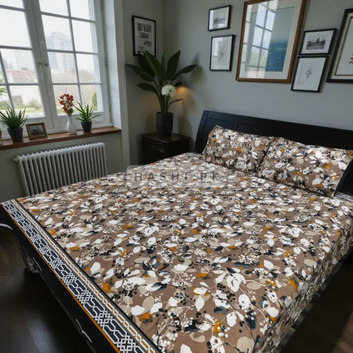 Printed Bedsheet Coffee Brown Hashi.pk
